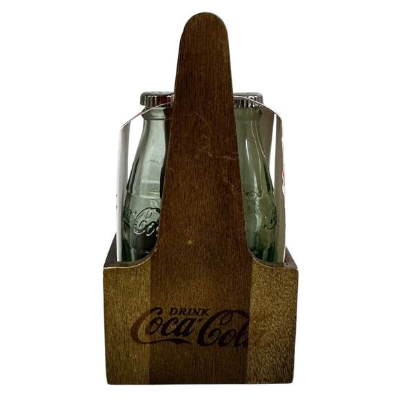Coca-Cola Bottle Shaped Salt And Pepper Shaker Set With Wood Crate New - Picture 1 of 6